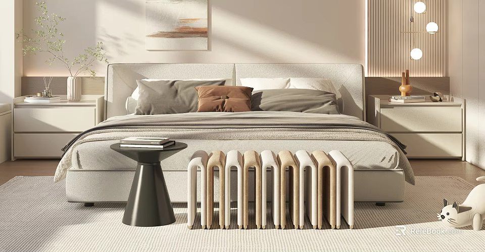 Modern Double Bed with Upholstered Headboard Gray Brown Pillows Wooden Nightstands and Bench in Bright Bedroom 3d model 