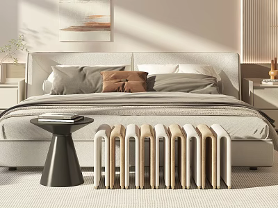Modern Double Bed with Upholstered Headboard Gray Brown Pillows Wooden Nightstands and Bench in Bright Bedroom 3d model