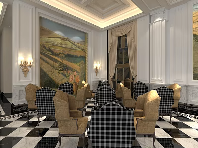 Luxurious Sales Office Interior With Black White Checkered Armchairs Large Decorative Painting And Wall Sconces 3d model