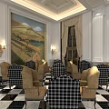 Luxurious Sales Office Interior With Black White Checkered Armchairs Large Decorative Painting And Wall Sconces