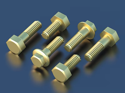 Golden Hexagonal Head Bolts In Various Sizes With Metallic Shiny Finish 3d model
