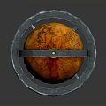 Decorative Orange Red Globe on Silver Metal Stand Featuring Intricate Legs and Smooth Surface