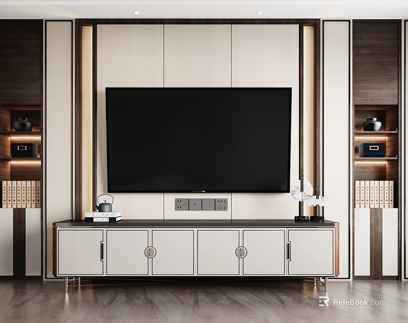 Elegant Modern TV Stand In Living Room With Storage Cabinets Display Shelves And Large TV 3d model 