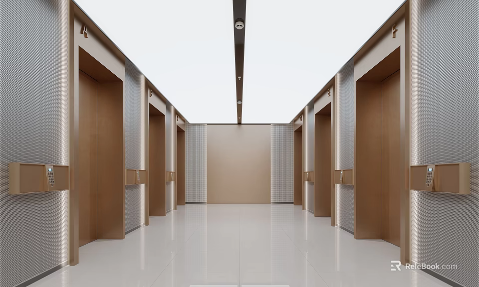 Modern Elevator Hallway With Multiple Doors Bright Lighting And Spacious Layout 3d model