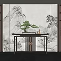 Modern Chinese Entryway Design With Console Table Side Cabinet Landscape Painting And Green Plant