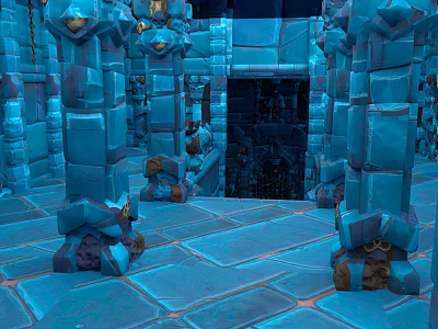 Cartoon Scene With Blue Stone Pillars Stone Floor Dark Entrance And Golden Decorations 3d model