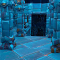 Cartoon Scene With Blue Stone Pillars Stone Floor Dark Entrance And Golden Decorations