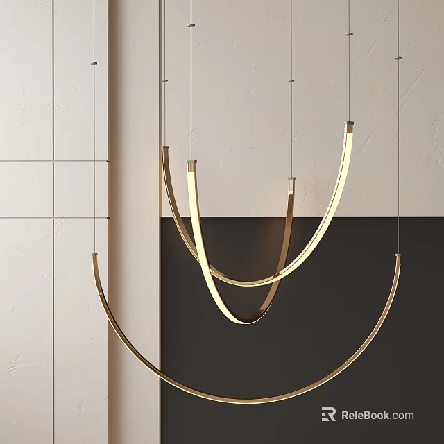 Modern Elegant Chandelier With Golden Curved Rings Suspended In Contemporary Interior Space 3d model 