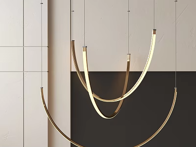 Modern Elegant Chandelier With Golden Curved Rings Suspended In Contemporary Interior Space 3d model