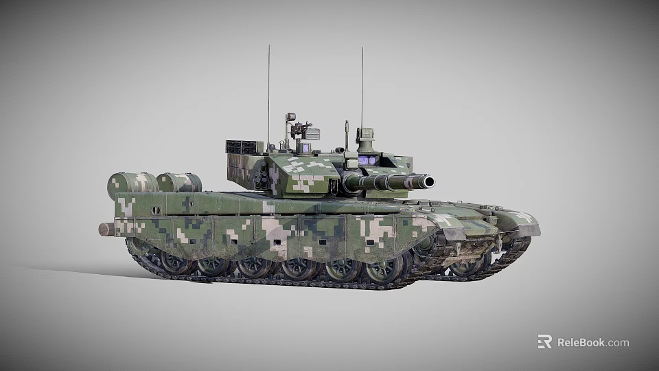 Military Camouflage Armored Tank With Main Gun Tracks And Antenna System 3d model 