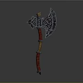Ornate Medieval Axe With Intricate Carvings Red Handle And Metal Rings