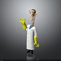Cartoon Scientist Character Waving Hand With Yellow Gloves And Friendly Creature