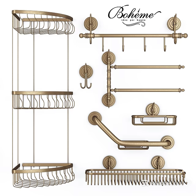 Brass Bathroom Accessories Set With Shelves Towel Bars Hooks And Grab Bars 3d model 