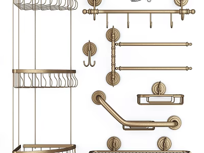 Brass Bathroom Accessories Set With Shelves Towel Bars Hooks And Grab Bars 3d model