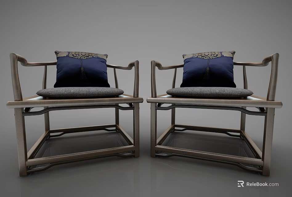 Traditional Single Armchair With Wooden Frame And Blue Decorative Cushion 3d model 