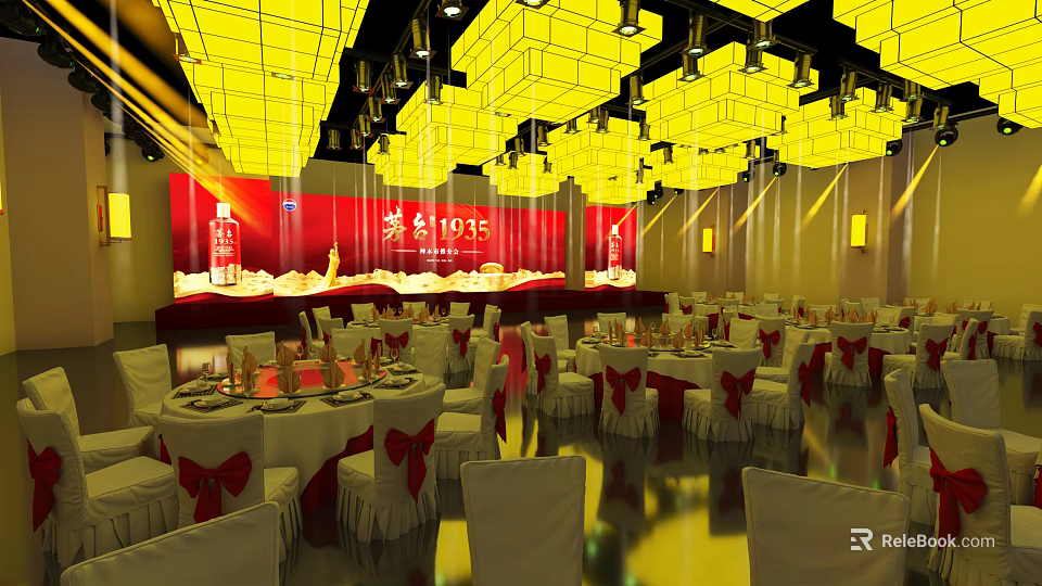 Elegant Banquet Hall Interior With Yellow Pendant Lights Red Decorations And Dining Tables 3d model 