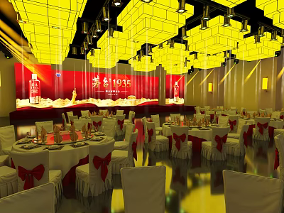 Elegant Banquet Hall Interior With Yellow Pendant Lights Red Decorations And Dining Tables 3d model
