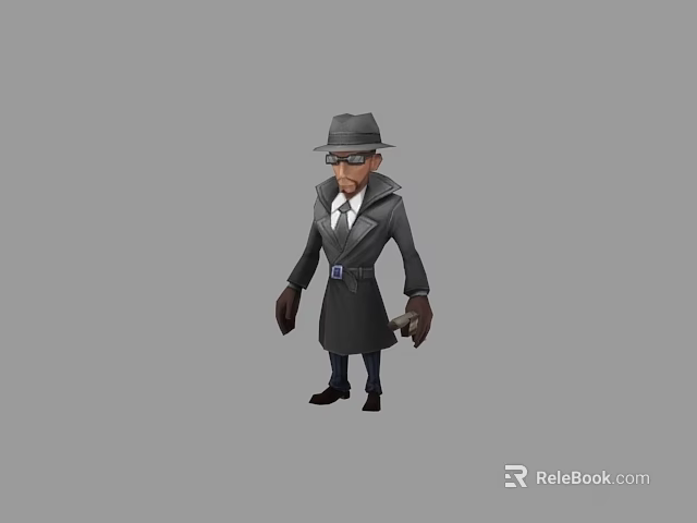 Cartoon Style Game Movie Character Wearing Trench Coat Hat And Sunglasses 3d model 