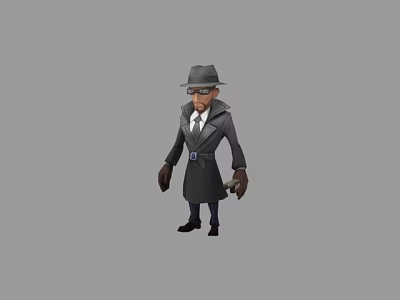 Cartoon Style Game Movie Character Wearing Trench Coat Hat And Sunglasses 3d model