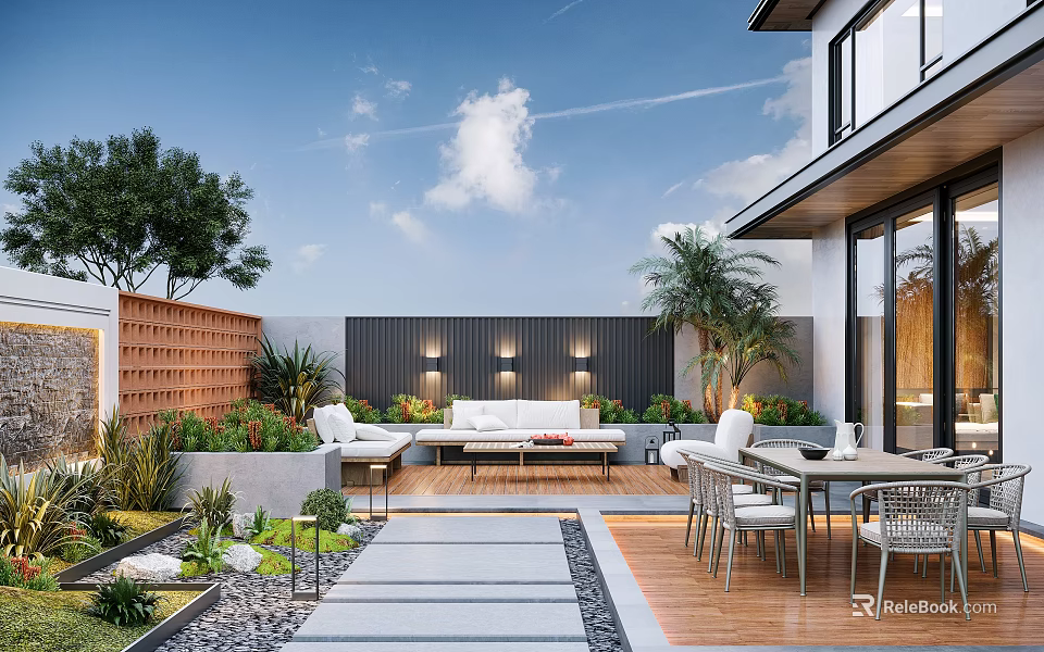 Modern Outdoor Garden with Wooden Deck Sofa Dining Table Plants and Wall Lighting 3d model 