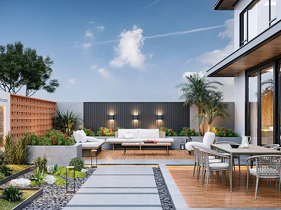 Modern Outdoor Garden with Wooden Deck Sofa Dining Table Plants and Wall Lighting 3d model