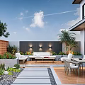 Modern Outdoor Garden with Wooden Deck Sofa Dining Table Plants and Wall Lighting