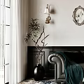 Elegant Living Room Interior With Black Leather Sofa Chandelier Framed Paintings And Patterned Rug