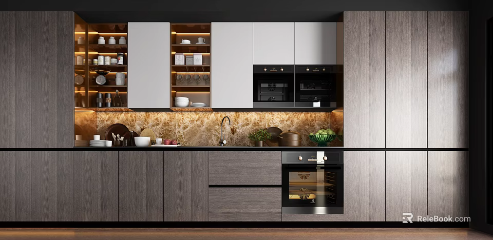 Modern Kitchen Interior Design With Wooden Cabinets And Built in Appliances 3d model 