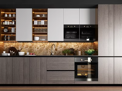 Modern Kitchen Interior Design With Wooden Cabinets And Built in Appliances 3d model