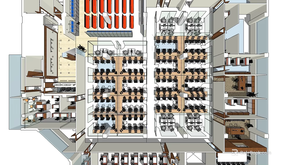 Modern Office Layout Design With Multiple Workstations And Seating Areas 3d model 