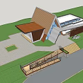 Modern Architectural Building With Unique Roof Design Wooden Elements Glass Windows Stone Steps And Railings