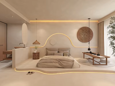 Serene Beige Hotel Room Interior With Curved Lighting Wooden Furniture And Round Decor 3d model