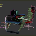 Modern Office Desk Setup with Computer Monitor Keyboard Mouse Red Chair and Silver Human Figure