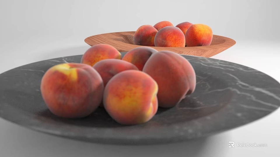 Fresh Ripe Peaches Arranged On Wooden And Marble Plates With Pink Yellow Hues 3d model 