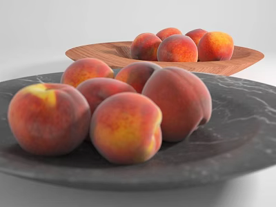 Fresh Ripe Peaches Arranged On Wooden And Marble Plates With Pink Yellow Hues 3d model