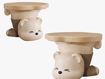 Cute Bear Shaped Stools With Light Brown Round Seat And Adorable Smiling Face Design 3d model