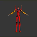 Red And Orange Sci Fi Robot Character With Sleek Body Head Antennas And Yellow Limbs