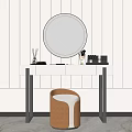 Modern White Dressing Table with Round Mirror Black Legs Brown Stool and Decorative Items 3d model