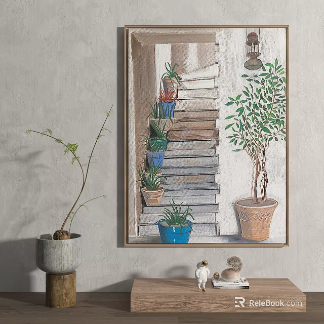 Wall Art Painting of Staircase with Potted Plants and Decorative Elements 3d model 