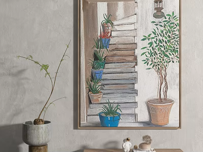 Wall Art Painting of Staircase with Potted Plants and Decorative Elements 3d model