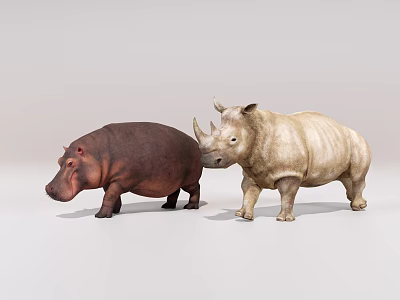 Realistic Hippopotamus And Rhinoceros Figurines Standing Side By Side On White 3d model