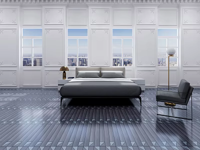 Double Bed In Elegant Bedroom With White Walls Large Windows Dark Geometric Flooring 3d model