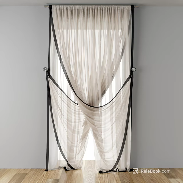 Sheer Ivory Curtains with Black Trim Elegant Window Drapery Design 3d model 