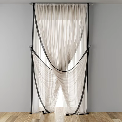 Sheer Ivory Curtains with Black Trim Elegant Window Drapery Design 3d model