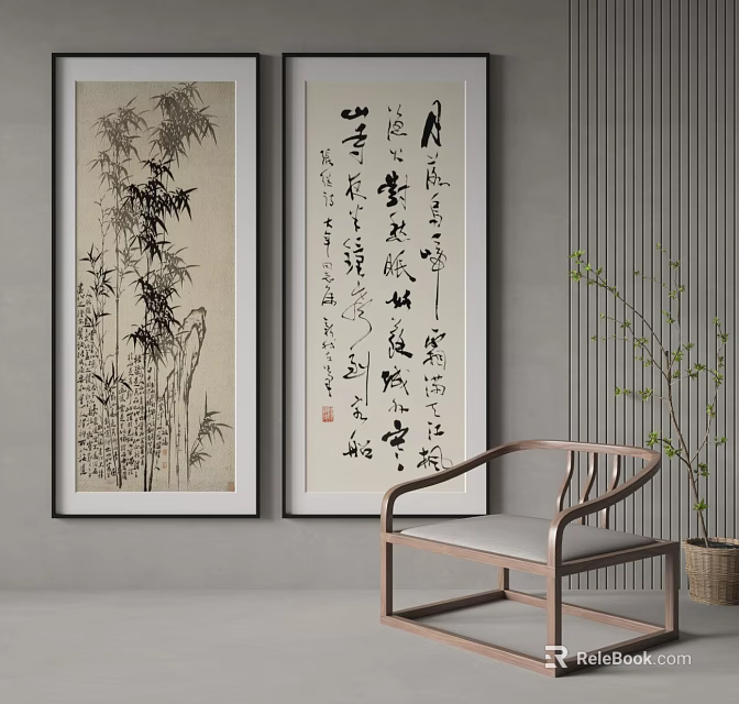 Chinese Bamboo Landscape Ink Painting With Calligraphy Scroll On Wall And Wooden Chair 3d model 