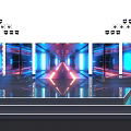 Futuristic Stage Design Featuring Neon Lights Reflective Floor And Bright Lighting Effects