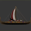 Ancient Water Transport Vessels With Red White Striped Sails And Colorful Circular Patterns