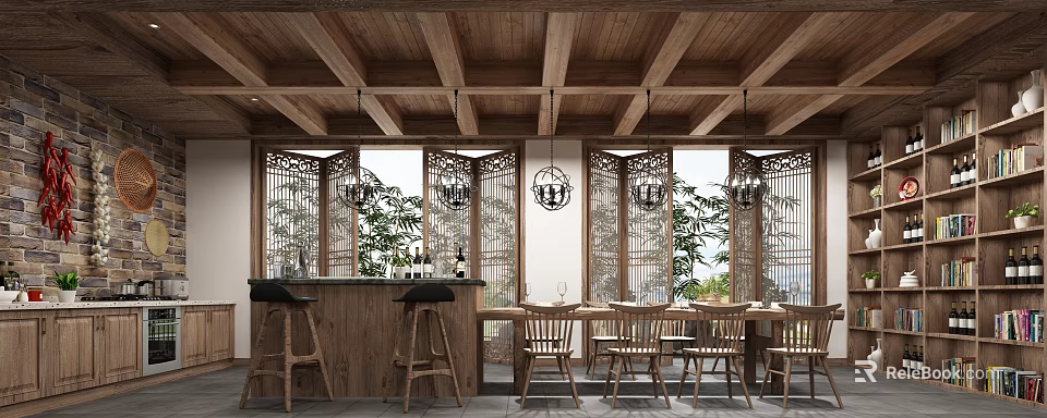Rustic Wooden Ceiling Kitchen With Screen Partitions Hanging Lamps Bar Stools And Dining Furniture 3d model 