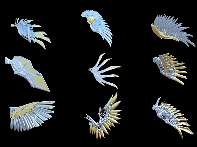 Artistic Metal Wing Decorations Featuring Silver And Gold Feather Patterns 3d model