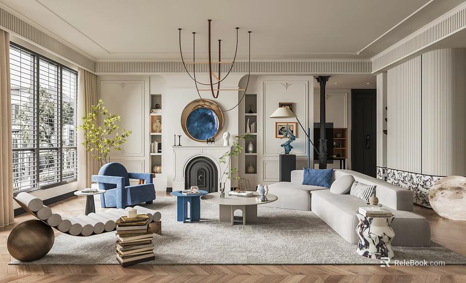 Elegant Living Room Interior With Chandelier Fireplace Round Mirror Sofa Blue Armchair And Rug 3d model 